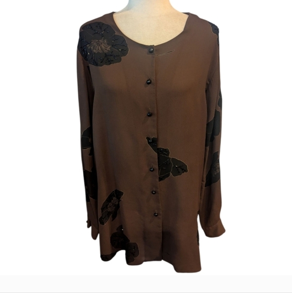 Kenneth Jay Lane Brown/ Black Button Down Flowy Old Money Silk Tunic Top Sz L - Picture 1 of 9